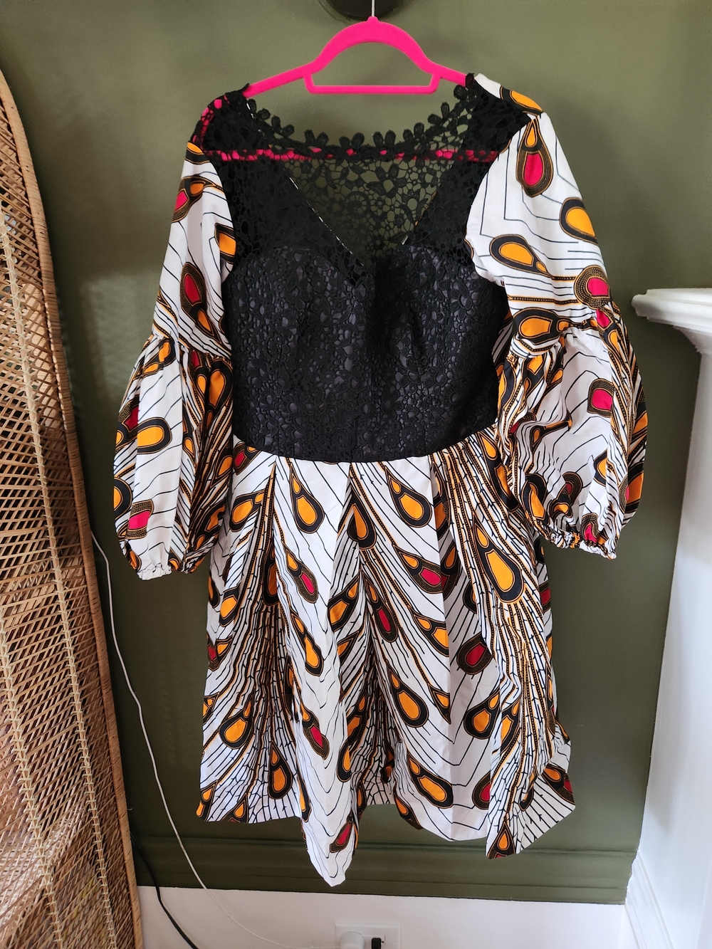 Colorful Dress - Knee Length - White with Red and Orange Accent, Black Lace